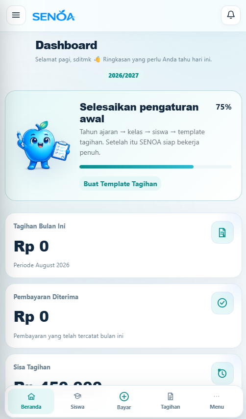 Dashboard aplikasi SPP SENOA di ponsel
